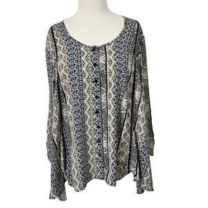 Style & Co Tunic Top Flowy High Low Womens Size XL Black Beige Button Up Shirt